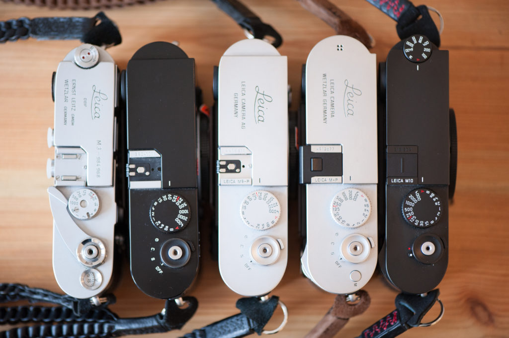 From left to right. Leica M3, Leica M9, Leica M9-P, Leica M-P240, Leica M10. 